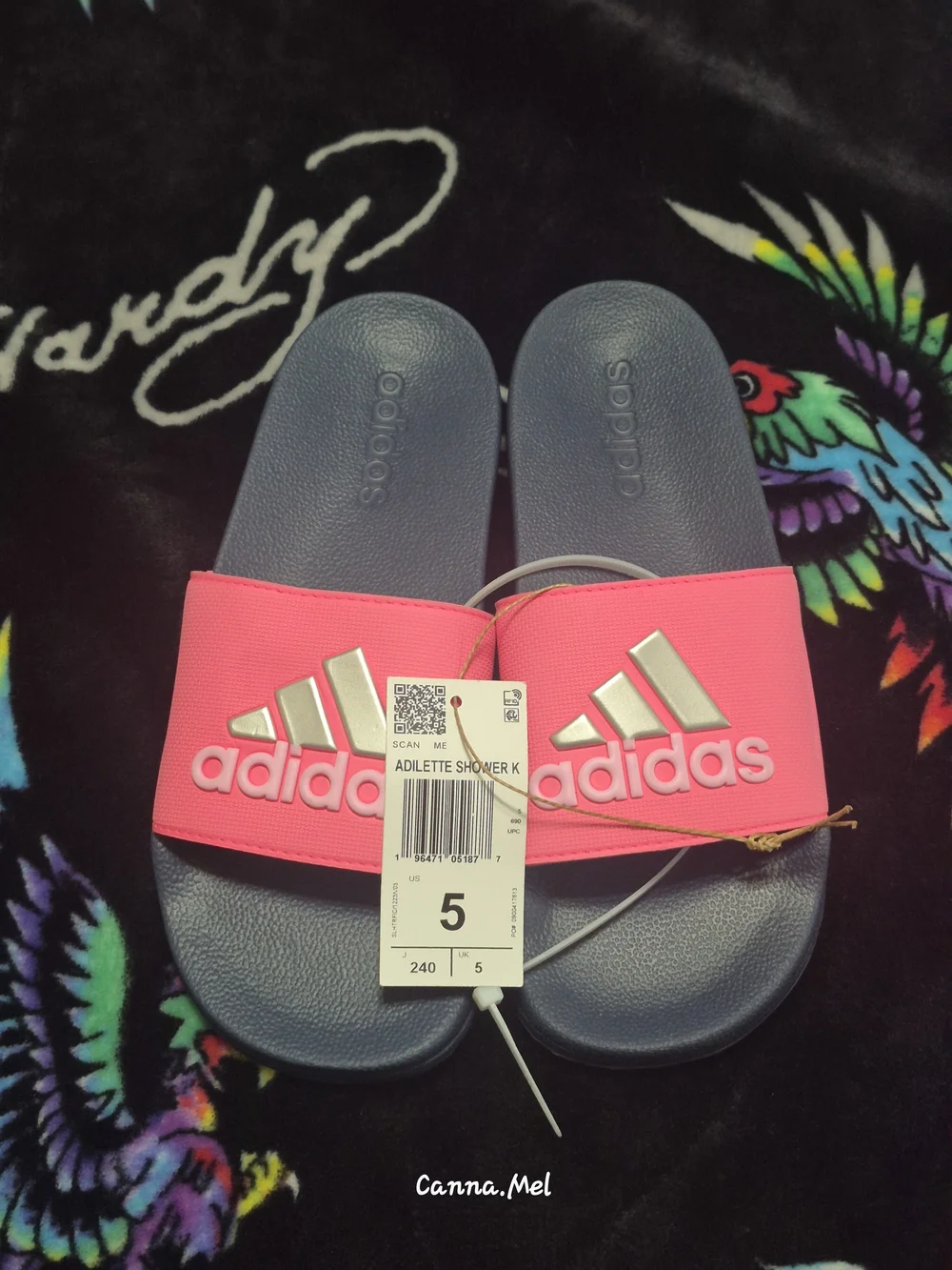 Adidas Adilette Shower Slides - Pink Strap, Navy Footbed (Size 5)
